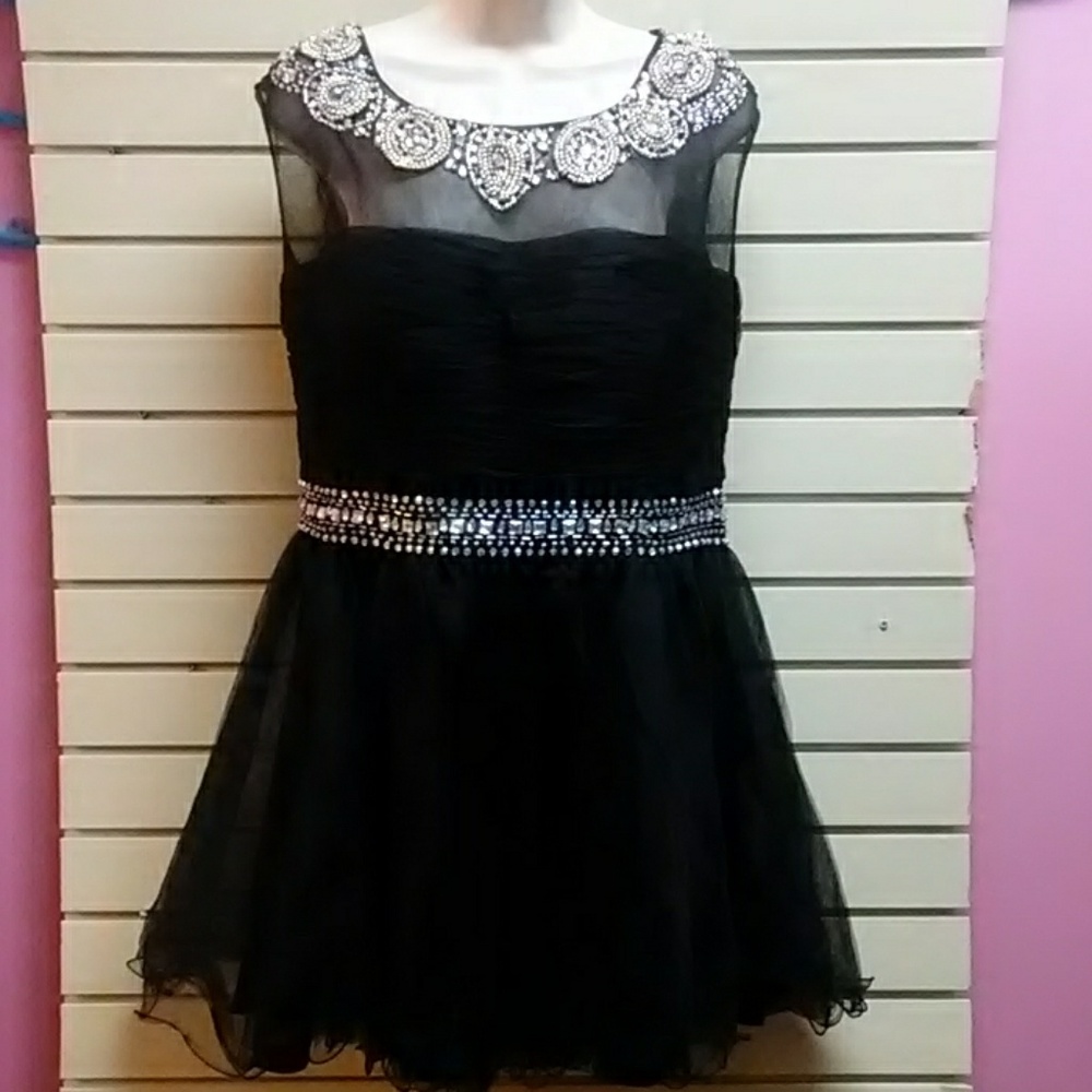 Black cocktail dress with rhinestone beaded trim